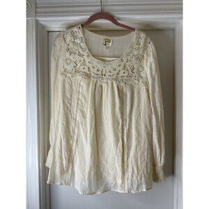 Fig & Flower Lace Sheer Ruched Long Cuffs Flowy Delicate Top L